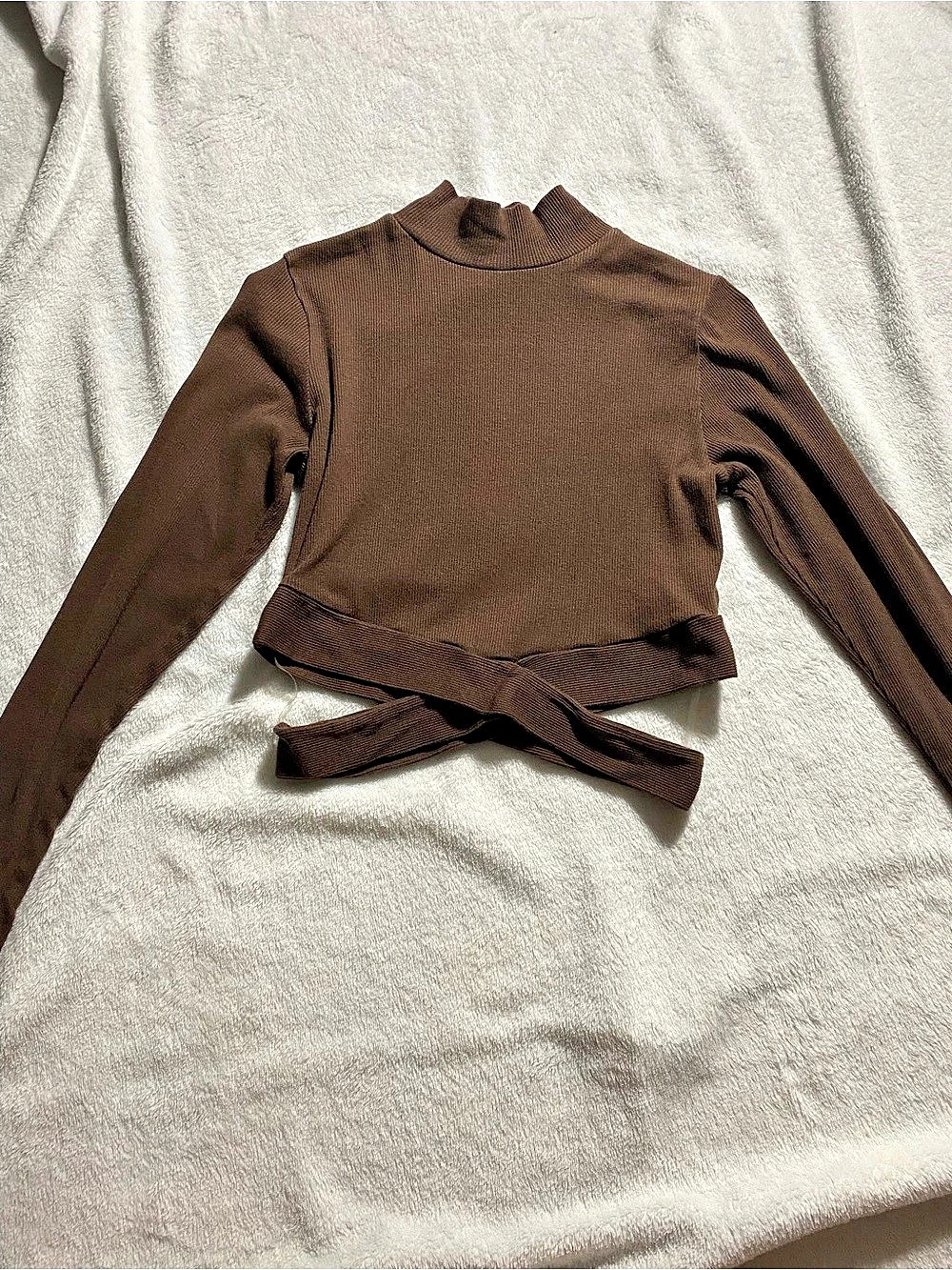 ambiance Ribbed Mock Neck Wrap Crop Top Brown Long Sleeve